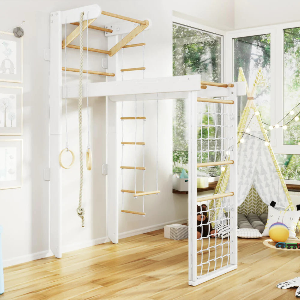 WoodiJoy Kombi-Sprossenwand für Zuhause Weiß