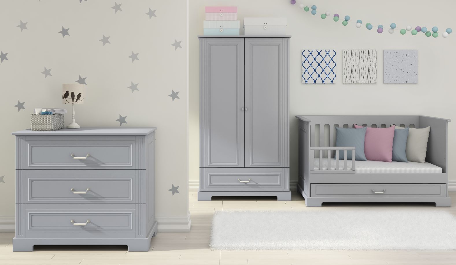 ⭐Babyzimmer IWO Grau Babybett outlet Wickelkommode Schrank Matratze⭐