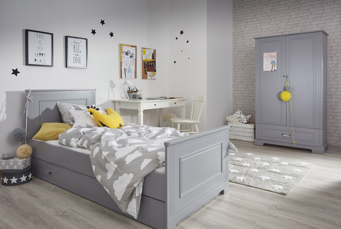 Kinderzimmer Set grau Ines: Kinderbett mit Schublade, Kleiderschrank mit 2 Türen