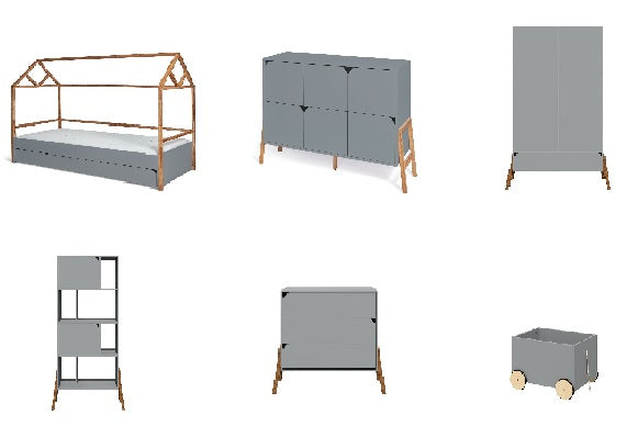 Kinderzimmer Set Lotta Grau. - Hausbett 90x200, Kommode Lotta PLUS, Kleiderschrank, Regal, Kommode Standard, Spielzeugtruhe 